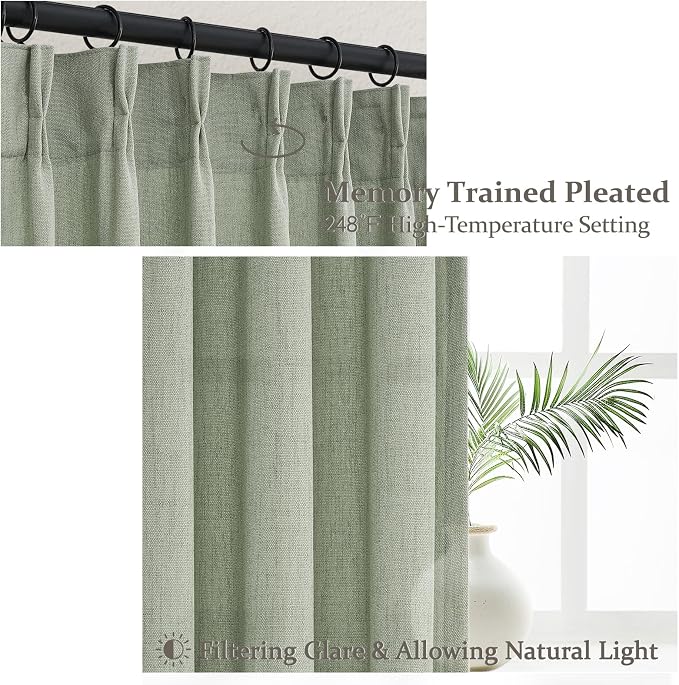 Sage Green Pinch Pleated Floor to Ceiling 102 Inch Long Curtains for Dining Room, Thick Linen Semi Sheer Window Drapes Light Filtering Privacy 8-1/2 FT Length Office/Sunroom Large Curtain 2 Panels