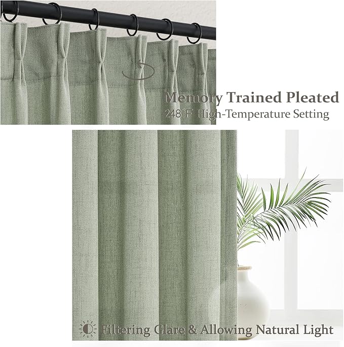 Memory Trained Pinch Pleated Linen Sage Green 100 Inch Long Sheer Curtains | Pleat Privacy Non See Through Nursery Windows Drapes 2 Panels Set Light Filtering Office Decorative Curtain for Kids Room
