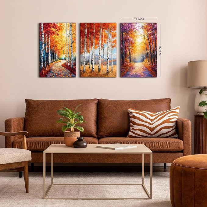 Mystery Forest Wall Art for Bathroom Decor Fall Forest Pictures Wall Decor Orange Yellow Woodland Painting Nature Wilderness Canvas Pictures Artwork for Bedroom Living Room Home Decoration 16x24" 3Pcs