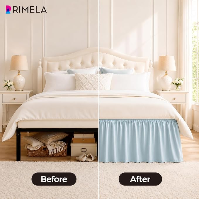 Blue Bed Skirt King Size 18 Inch Drop, Elastic Wrap Around Bedskirt | Solid Ruffled, Easy to Use, No Mattress Lifting, Wrinkle & Fade Resistant, with Adhesive Strips, Machine Wash/Dry/Iron