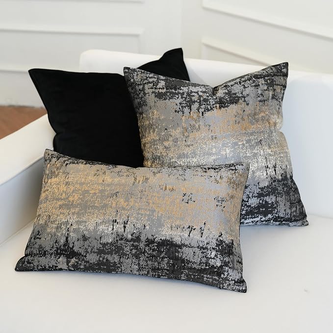 THE-TINOART Gold Splashed Industrial Modern Throw Pillow Covers 20x20, Slate Gray and Black Jacquard Woven Pillow Covers, Urban Textured Decor for Couch Sofa Bed