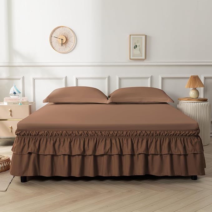 Double-Layered Ruffled Bed Skirt,Brown,Full/Queen, 14" Drop | Wrap Around, Adjustable Elastic, 2 Layer, Machine Washable Soft Fabric, Multi Ruffle Bedskirt