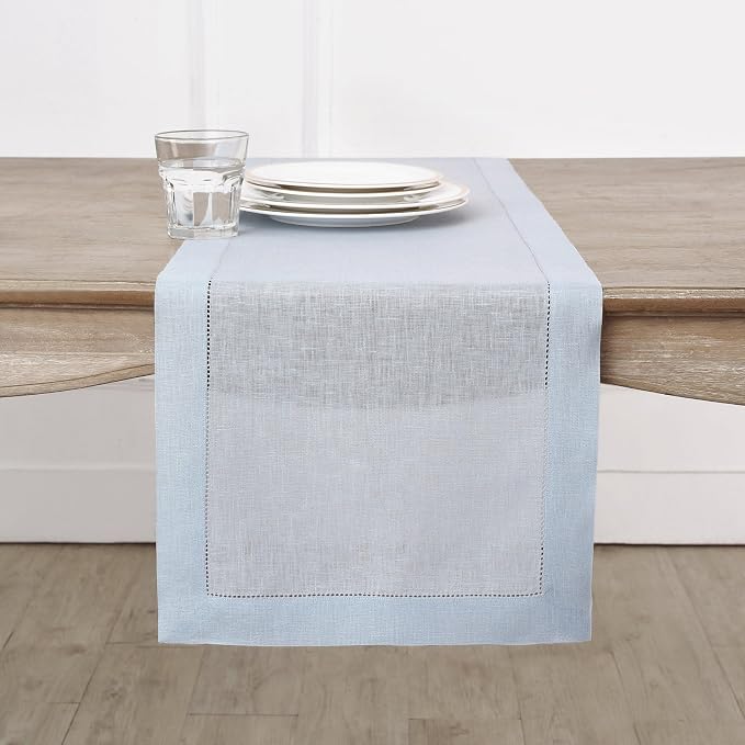 Solino Home 100% Pure Linen Table Runner Light Blue Hemstitch, 14 x 132 in | Classic Hemstitch, a graceful centrepiece for dining and gatherings, hemstitched border, mitered corners, OEKO-TEX Certified