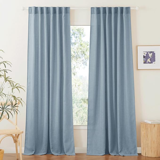 RYB HOME Farmhouse Boho Linen Sheer Curtains 90 inches Long for Living Room | Flax Linen Blend,Light Filtering,Semi Sheer,Wrinkle Resistance,Back Tab,Dorm Dining Room,W52 x L90,2 Panels,Dusty Blue