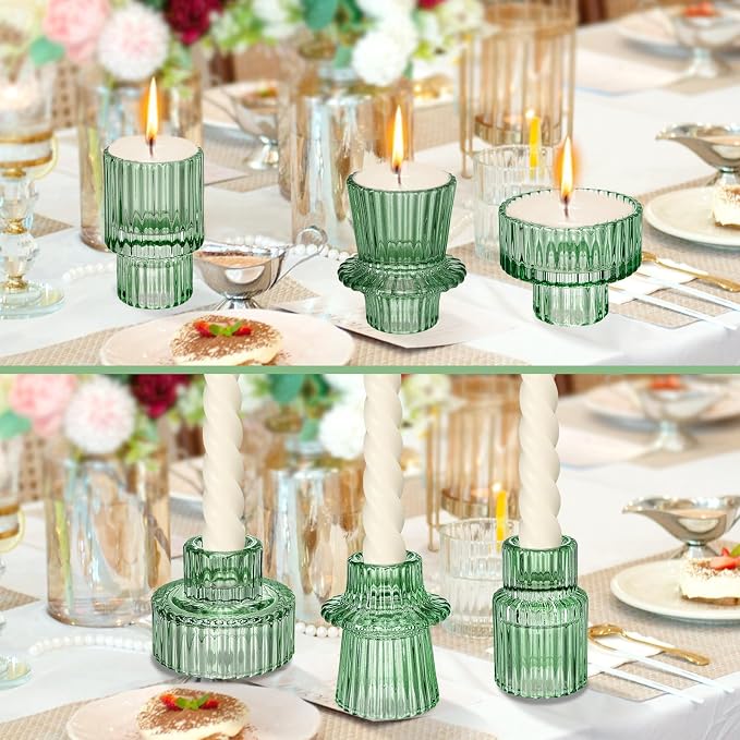 Glass Candlestick Holders - Set of 9 Green Tealight Candle Holder,3 Style Taper Candle for All Formal Events,Table Centerpieces,Wedding, Dinning,Church, Party & Festival Decoration