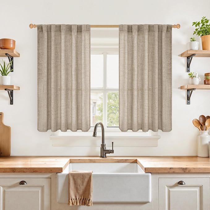 YoungsTex Dark Oatmeal Linen Curtains 40 Inch Length for Kitchen Window | Short Semi Sheer Drapes Burlap Textured Light Filtering with Rod Pocket Back Tab for Cafe Bathroom, 2 Panels, 42 X 40 Inch