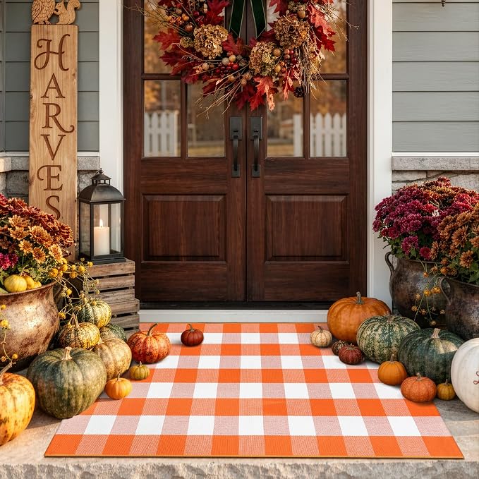 LEEVAN Halloween Outdoor Rug 3x5, Orange Buffalo Check Fall Front Porch Rug | Washable Thanksgiving Checkered Plaid Door Mat, Layered Autumn Doormat for Farmhouse Entryway Kitchen Patio