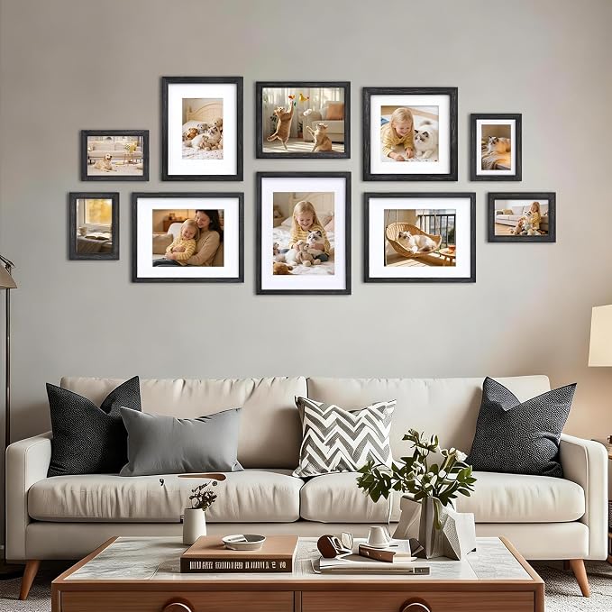 Egofine 4x6 Picture Frames Set of 4, Made of Solid Wood Covered by Plexiglass 3x4.5 and 3.5x5 with Mat or 4x6 without Mat, for Table Top Display and Wall Mounting Photo Frame, Driftwood Black