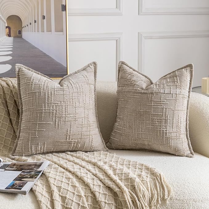 MADIZZ Pack of 2 Chenille Throw Pillow Covers 20x20 Inch Taupe Soft Neutral Decorative Throw Pillows for Couch Sofa Boho Accent Cushion Covers Modern Farmhouse Home Decor for Bedroom Living Room