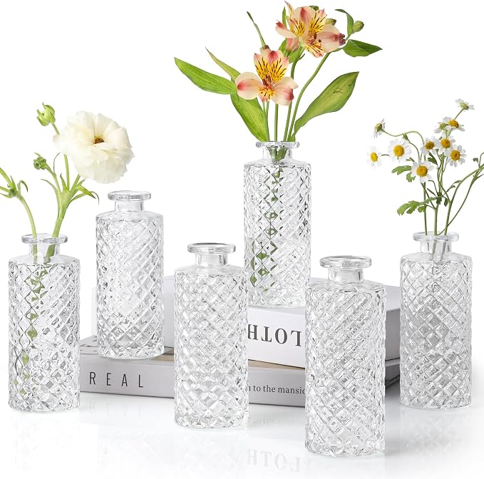 ComSaf Small Glass Bud Vases in Bulk, 6 Pack for Centerpieces, Clear | Diamond Embossed Design, Mini Flower Display, Vintage Decor, Home Accent, Table Decor, Wedding Reception, Housewarming Gift