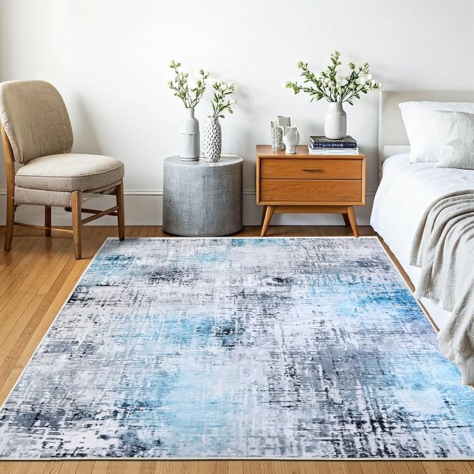 Machine Washable Area Rug, Soft & Durable, Non-Slip, Stain Resistant Rug for Bedroom, Living Room, Dining Room, High Traffic Areas, Eco- Friendly GRS Certified. (Blue, 6' X 9')
