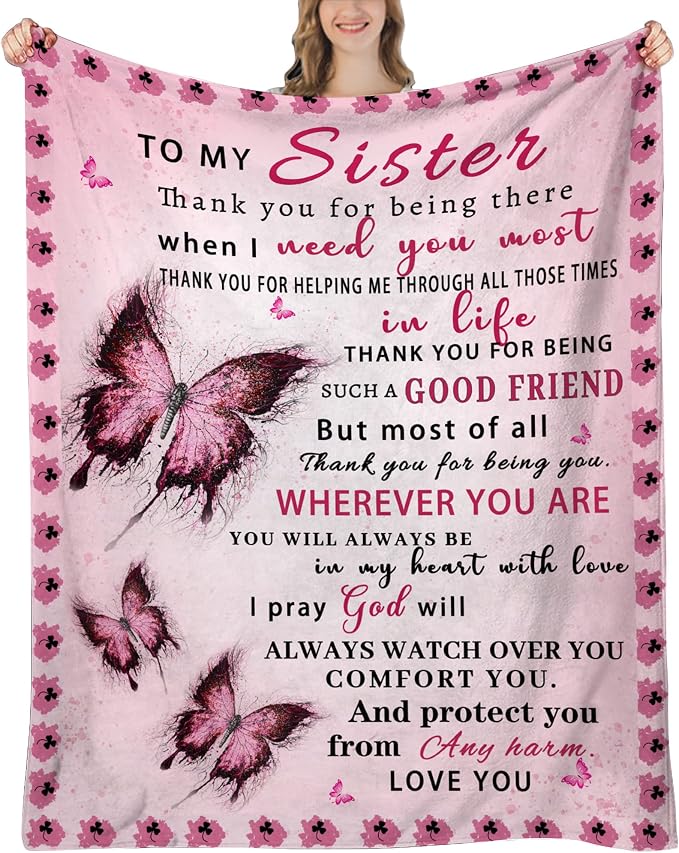 Sister Blanket, Sister Birthday Gifts Butterfly, Christmas Birthday Gifts for Sisters from Sisters Adult, Present for Sis, Soft Lightweight Flannel Throw Blanket for Couch Sofa Bed, 60"x50"
