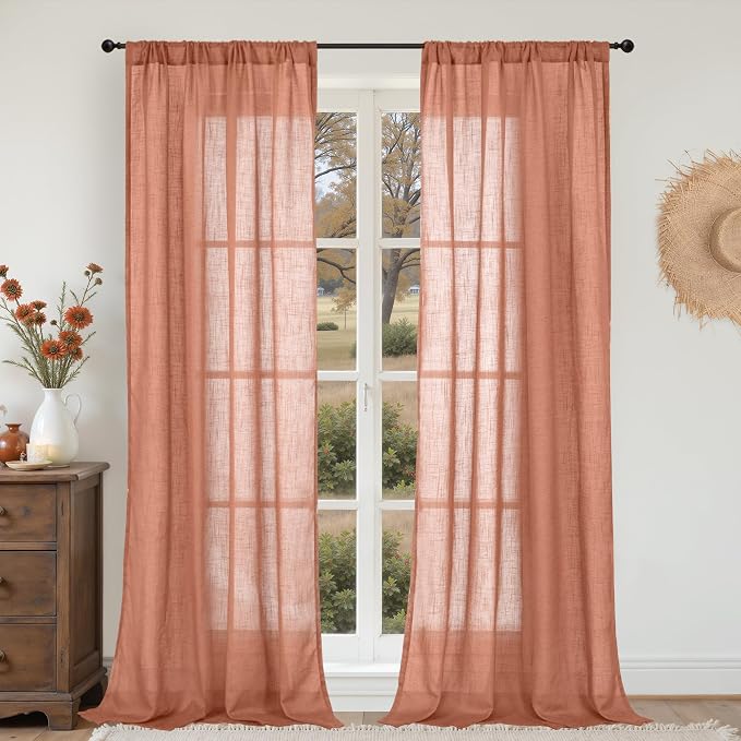 BGment Linen Curtains 84 Inch Length for Living Room, Terracotta Semi Sheer Drapes Rustic Textured for Bedroom Office Decor with Rod Pocket Lightweight,2 Panels Set, Each 42 Inch Wide