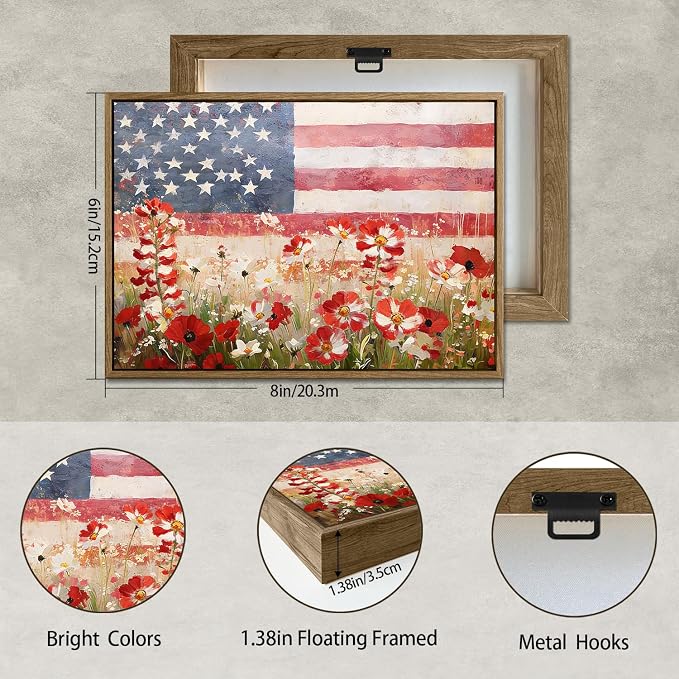 American Flag Framed Canvas Wall Art, 4th of July Patriotic Canvas Prints | Wildflower Meadow Landscape Poster Print, Vintage Rustic Independence Day Wall Decor for Bedroom Living Room 6×8in