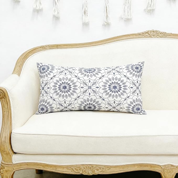 Slow Cow Embroidery Decorative Lumbar Throw Pillow Cover for Couch Sofa Bedroom Geometric Flower Pattern Cushion Cover 12 x 24 Inches Navy Blue