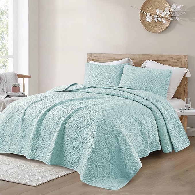 Exclusivo Mezcla King Quilt Set, Aqua Blue | Lightweight Soft Bedspreads Coverlets, All Season Bedding with 2 Pillow Shams, Modern Style for Bedroom Guest Room