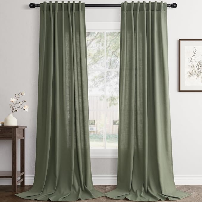 Jowels Olive Green Linen Curtains 88 Inch Long 2 Panels for Living Room | Loden Light Filtering Semi Sheer Curtain, Back Tab Pocket Pleated Look,Farmhouse Textured Privacy Drapes for Bedroom Window