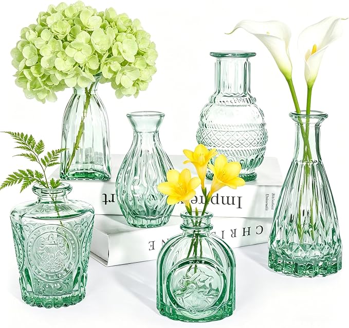 SUPMIND 6pcs Glass Bud Vase Bulk, Small Green Flower Vases for Centerpieces | Mini Vintage Vase Set of 6, Flower Vases Set for Table Centerpieces, Wedding, Home, Table Decoration