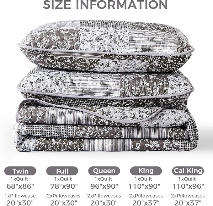 Mybedsoul Grey Boho Quilt King Size, Patchwork Floral Bedding Set | Soft Lightweight Microfiber Coverlet Set, 3 Pieces Plaid Reversible Bedspread, Bed Sets for All Seasons 90"x110"