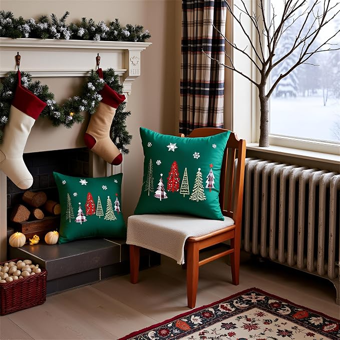 Christmas Embroidery Throw Pillow Covers 20 x 20 inch Set of 2 Christmas Decor Velvet Pillowcases Forest Green Xmas Trees Cushion Pillow Cases Soft Square Holiday Pillowcase