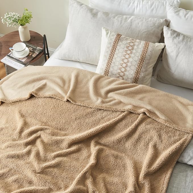 NEWCOSPLAY Knitted Throw Blanket for Couch Sofa Bed, Khaki, 90"x90" | Super Soft Plush, Fuzzy Fluffy Microfiber, Lightweight Cozy Blanket for Room Decor, All Season Use