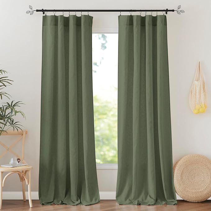 RYB HOME Linen Sheer Curtains 2 Panels for Living Room, Semi Transparent Privacy Drapes with Rod Pocket Farmhouse Style Window Treatments for Bedroom, Olive Green, 52" W x 84" L