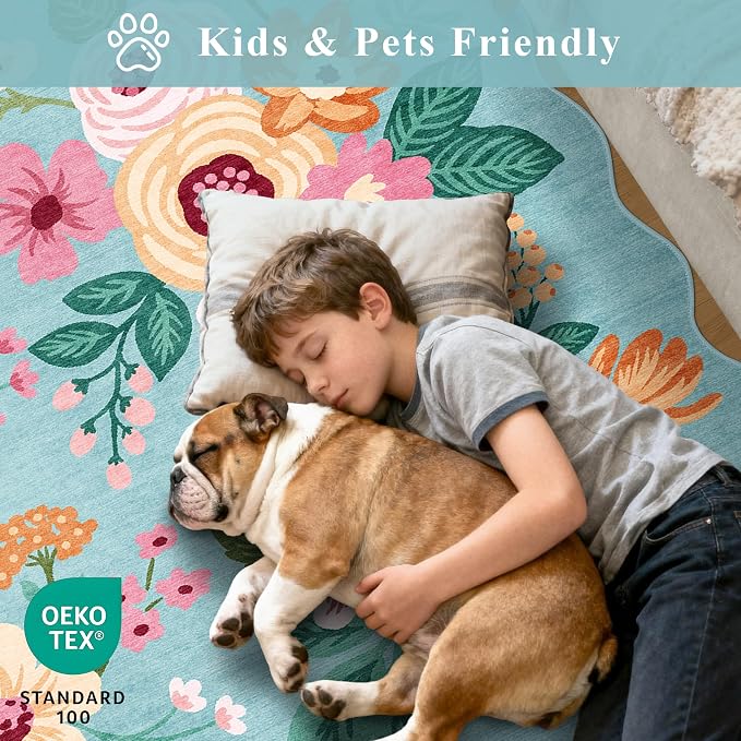 DUKINO 2x4 Rug for Entryway, Floral Washable Kitchen Rugs Non Slip, Teal | Soft, Low Pile, Stain Resistant Throw Runner Rug for Hallway, Bedroom, Bathroom, Laundry, Pet Friendly, Modern Home Decor