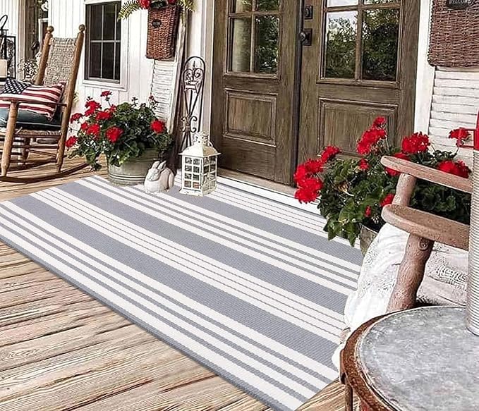 Grey and White Outdoor Rug 3'x 5'Cotton Washable Front Porch Mat Area Rug | Hand-Woven Door Mat Outdoor For Entryway Combined With Hello Welcome Mat