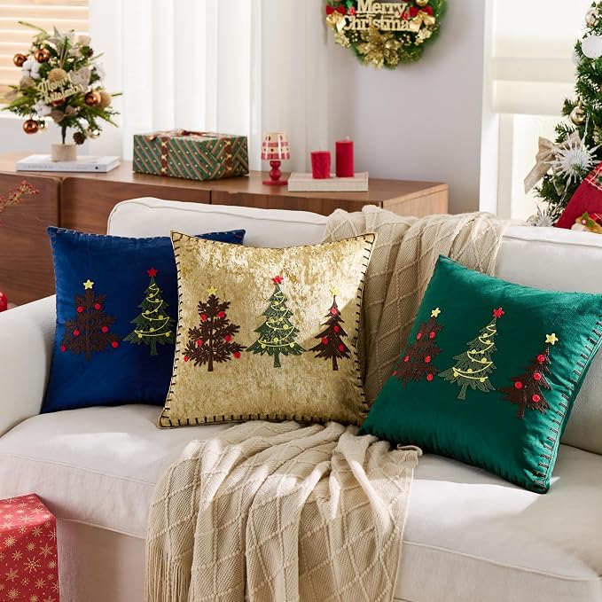 KINDREX Christmas Tree Throw Pillow Covers 18x18 Set of 2 Winter Holiday Decorative Gold Embroidered Luxurious Velvet Accent Pillowcase for Sofa Couch Bed Living Room Home Decor