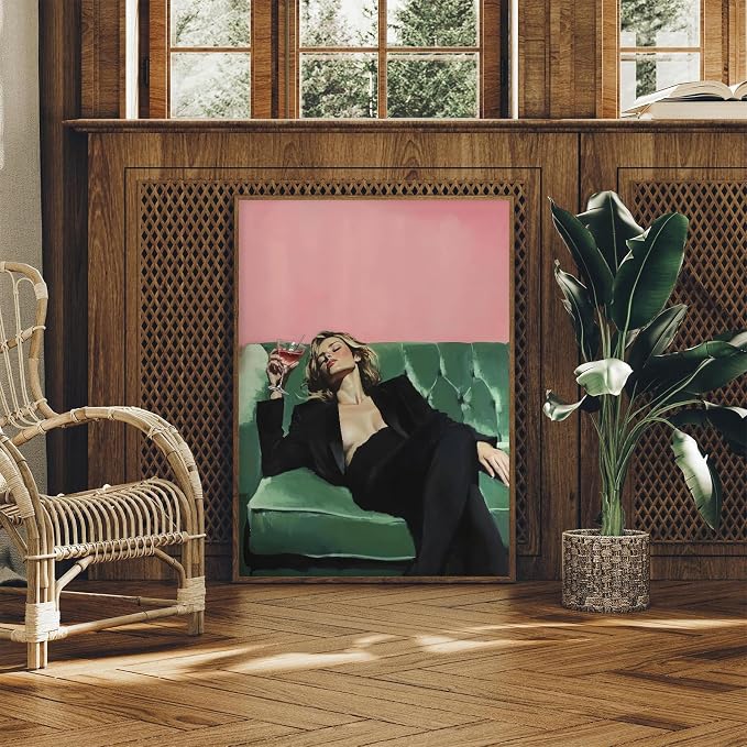 KAQNMY Retro Bar Wall Art Eclectic Cocktail Poster 16x24 Inch Unframed | Vintage Woman Wall Art Funky Victorian Woman on Couch with Martini Picture Trendy Bar Cart Decor for Kitchen Dining Room