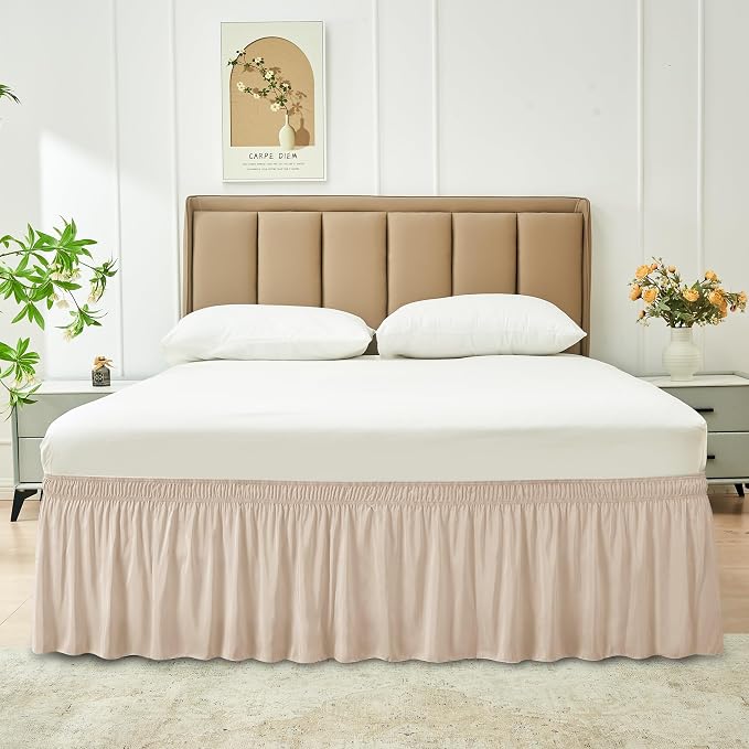 Wrap Around Bed Skirt King Size 14 Inch Drop-Elastic Dust Ruffle Sand | Adjustable Pleated Bedskirt-Easy Fit Wrinkle Resistant Washable Hotel Quality Fabric Bed Skirting-Master Guest Bedroom Rental