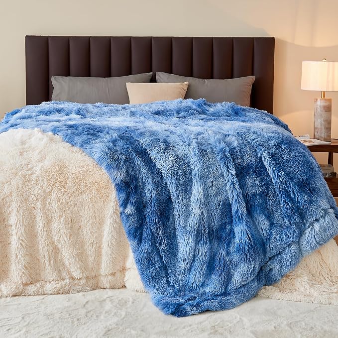 GONAAP Fuzzy Faux Fur Twin Blanket for Couch, Indigo, 60"x80" | Warm Cozy Plush Shaggy Decorative Reversible Thick Non-Heated Fleece Blanket for Sofa Bed, Gift for Women Men, All Season Use