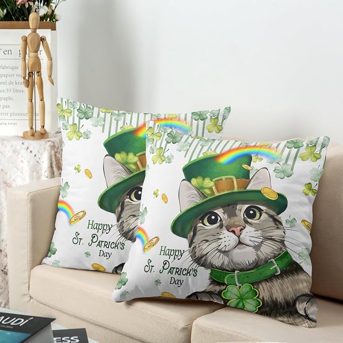 Happy St Patricks Day Pillows Covers 16x16 Pack of 2 Lucky Cat Clover Pillow Covers Rainbow Gold Coin Shamrock Decorative Pillow Cases Cushion Case for Living Room Couch Sofa