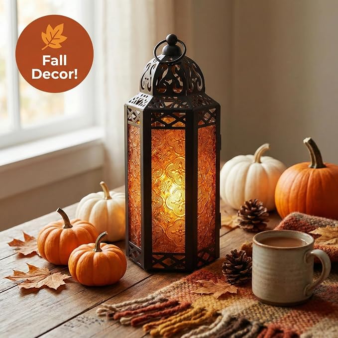 Vela Lanterns Decorative Indoor Moroccan Candle Holder, Amber, M | Halloween Decorations, Amber Orange Glass Decor, Gothic Dark Academia Lamp, Turkish Votive Pillar Tealight, 10.5in Tall