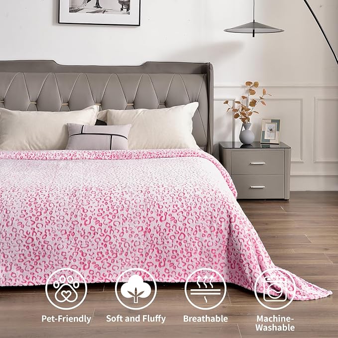 PLEASANT BOULEVARD | Leopard Throw Blanket Fleece, Premium Lightweight Cozy Warm Plush Microfiber Bedspread for Couch Sofa and Bed (Hot Pink, Throw (50 x 60 inches)