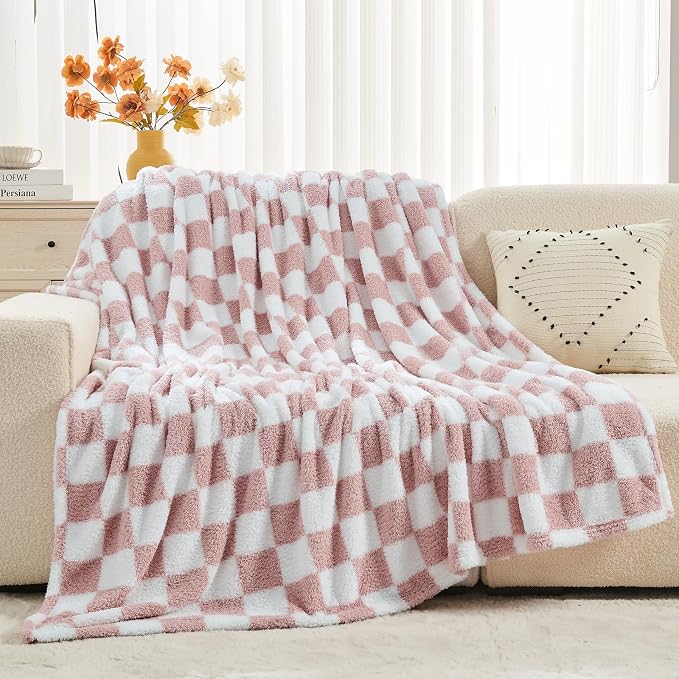 NEWCOSPLAY Knitted Throw Blanket for Couch Sofa Bed, Pink White, 50"x60" | Super Soft Plush, Fuzzy Fluffy Microfiber, Lightweight Cozy Blanket for Room Decor, All Season Use