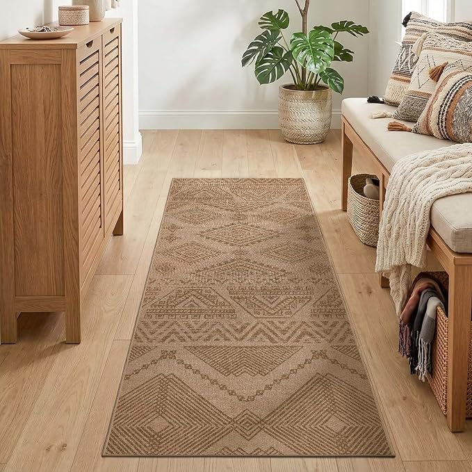jinchan 2x5 Faux Jute Runner Rug Washable Boho Hallway Rug, Natural Taupe | Southwestern Geometric, Non-Slip Low Pile, Indoor Outdoor, High-Traffic, Kitchen, Bathroom, Laundry, Porch, Balcony, Entryway