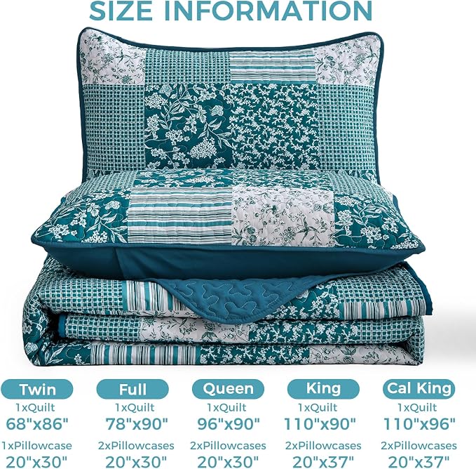 Mybedsoul Boho Quilt King Size, Patchwork Floral Bedding Set, Teal Blue | Soft Lightweight Microfiber Reversible Coverlet Set, 3 Pieces Plaid Bedspread, Bed Sets for All Seasons 90"x110"