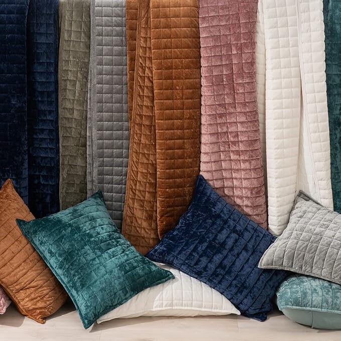 RECYCO Channel Box Stitch Velvet Quilt Set, Queen Size, Rusty Burnt Orange | Ultra Soft Lightweight Velvet Comforter, Luxury Oversized Bedspread Coverlet, Quilted Bedding Set for All Season with 2 Shams