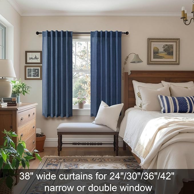 Pitalk Navy Blue Curtains 38 Inch Wide for Small Window 2 Panel Back Tab Rod Pocket Linen Semi Sheer Cafe Tier Narrow Curtains for Side Windows Kitchen Door Basement Laundry Room Width 38x45 Length