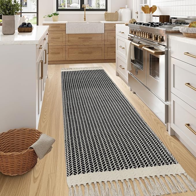 Lahome Boho Bathroom Runner Rug, 2x7 Washable Hallway Runners Black | Woven Cotton Runners with Tassels, Farmhouse Indoor Door Mats, Low Pile Lightweight Carpet for Laundry Room Entryway Decor