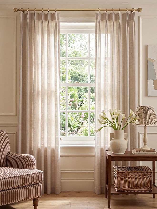 Pinch Pleated Linen Curtains 84 Inch Length 2 Panels, Light Filtering Linen Blend Drapes 40" W x 84" L, Natural Tapioca Neutral Curtains for Living Room Bedroom with Hooks