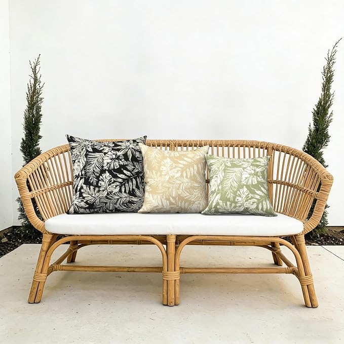 Outdoor Pillow Covers Waterproof 20x20 Inch Set of 2 Tropical Leaf Black Decorative Outside Patio Furniture Cushion Cases Decor for Porch Garden