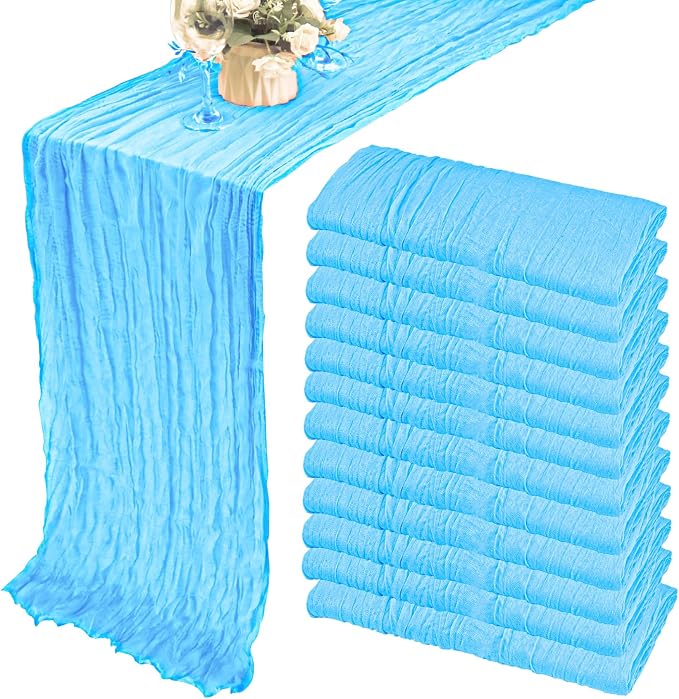 12 Pack Cheesecloth Table Runner 35x72 Inch Boho Gauze Rustic Cheese Cloth Romantic Long Table Runner for Wedding Bridal Shower Birthday Party Table Decor (Baby Blue)