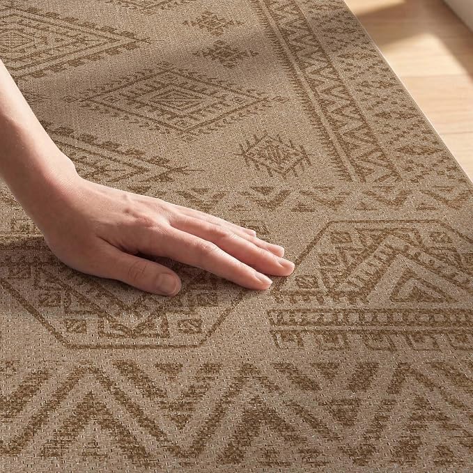 jinchan 8x10 Faux Jute Area Rug Washable Boho Living Room Rug Natural Taupe | Southwestern Geometric, Non-Slip, Low Pile, Indoor Outdoor, Natural Fiber Look, Dining Room, Deck, Backyard, Bedroom, Patio