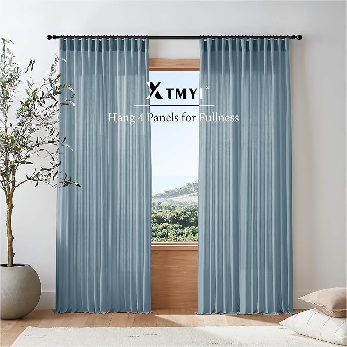 XTMYI Dusty Blue Curtains 63 Inches Long for Bedroom,Light Filtering Country Vintage Hooks Pleated Back Tab Semi Sheer Linen Curtains for Living Room 2 Panels Set,Grey Stone Blue