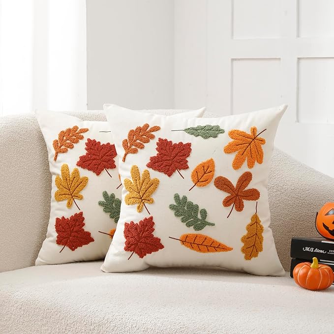 18x18 Fall Pillow Covers Set of 2, Embroidery Autumn Maple Leaf Decor | Seasonal autumn leaf embroidery throw pillow covers, 18x18 inch, set of 2, soft polyester velvet, hidden zipper, machine wash