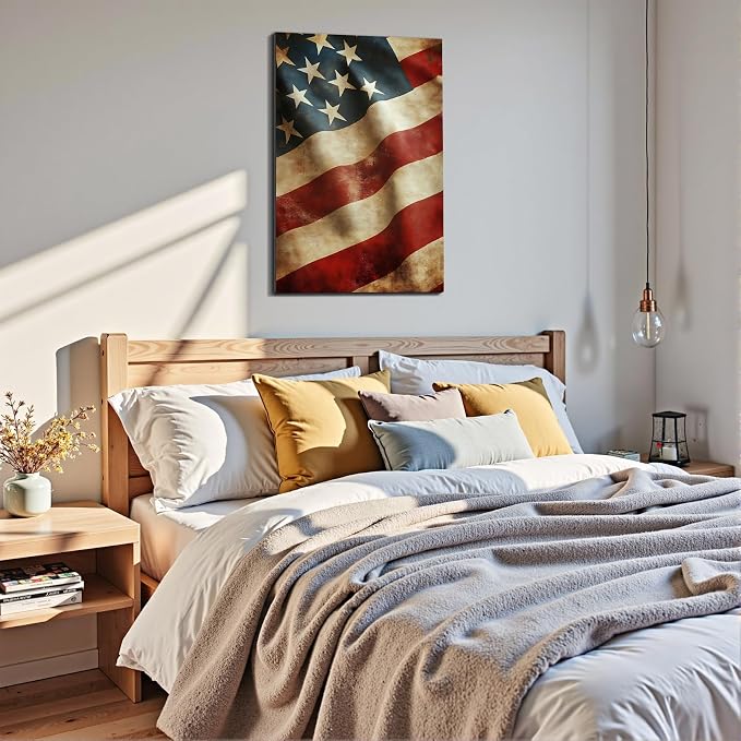 Framed Vintage Distressed American Flag Wall Art, Patriotic Rustic Canvas Art Pictures, USA Flag Wall Decor, Made in USA Ready to Hang for Living Room Garage