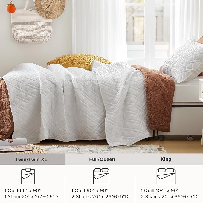 Comfort Spaces Kienna Twin Quilt Bedding Set 2P, 66"x 90" White Diamond | Soft Cozy Lightweight Summer Twin XL Coverlet for College Dorm, Quilted Extra Layer, Modern Casual Bedroom Decor, OEKO-TEX