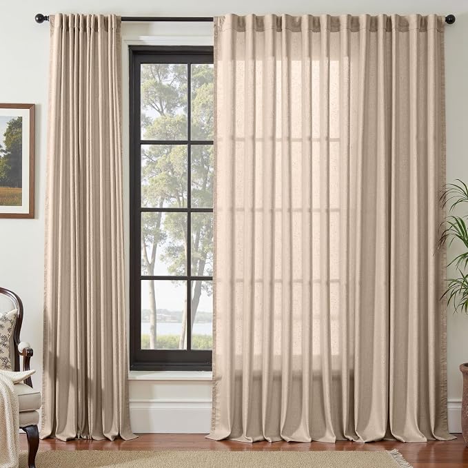 jinchan Linen Curtains Light Filtering Back Tab 100x108 Inch 1 Panel Taupe | Semi Sheer Curtains 108 inch length for Bedroom Living Room, Modern Farmhouse Drapes with Rod Pocket, Natural Boho Curtains
